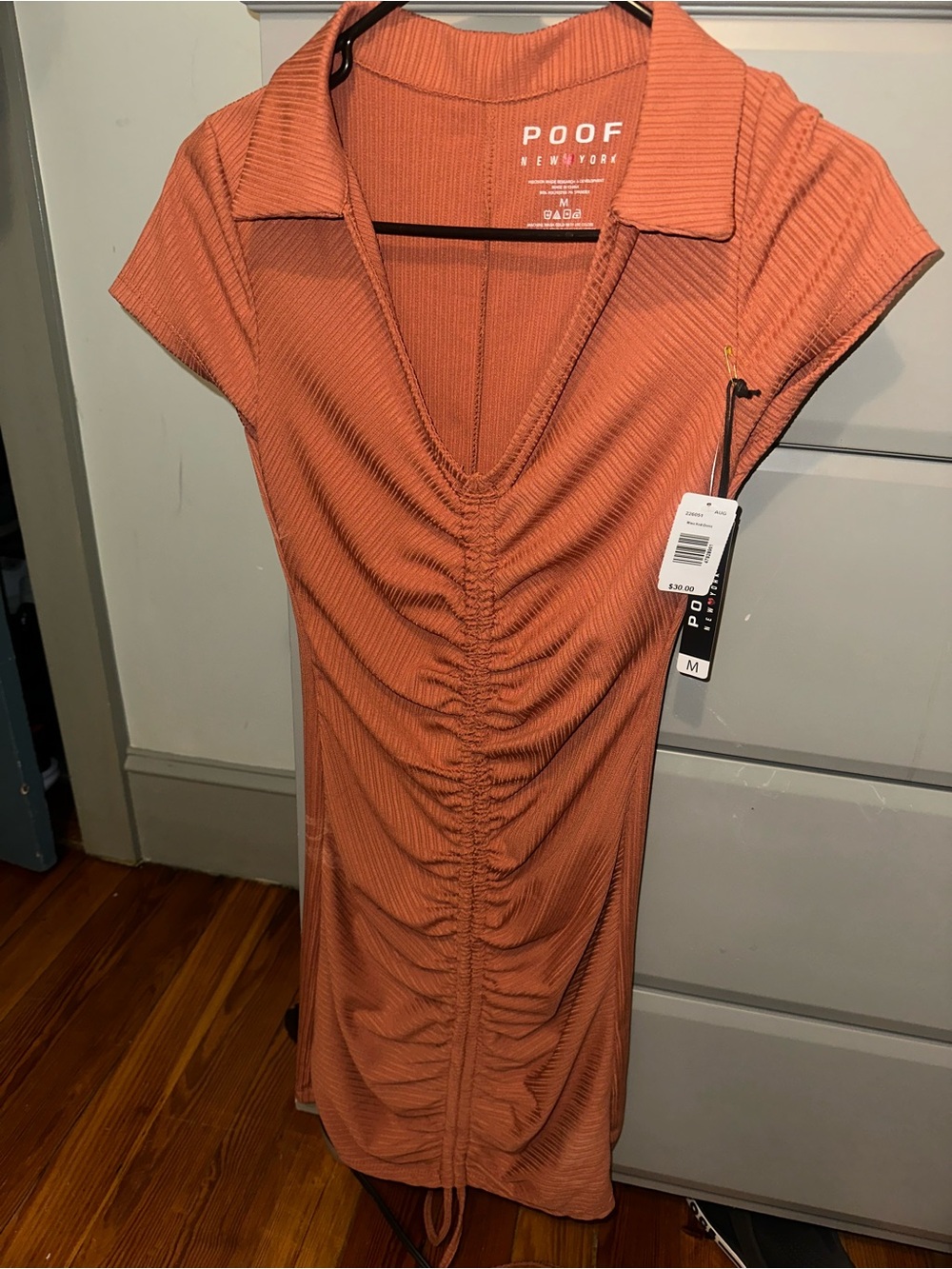 Ruched Collared Short Sleeve Dress - Rust SIZE M NWT